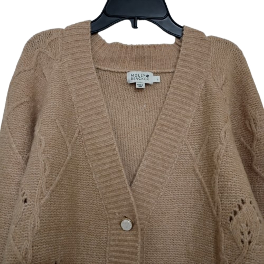 Molly Bracken V-Neck Pointelle Knit Boxy Cardigan Sweater Large Minimalist - Picture 5 of 13